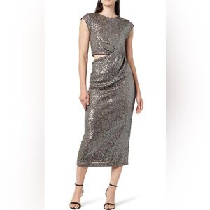 Sequined Cutout Midi Dress in Gunmetal